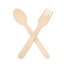 Wooden spoon and fork isolated on white background