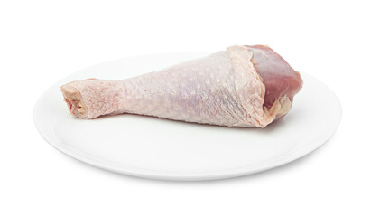 One RAW turkey leg on a white plate