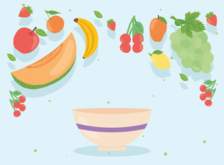 Healthy food fruits set with bowl vector design