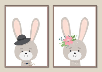 Wall art of cute rabbits hand-drawn. Vector. Great for decorating kids room walls, covers, posters or invitations.