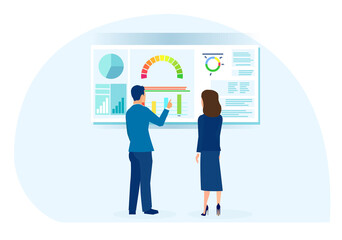Vector of a business man and businesswoman analyzing financial data