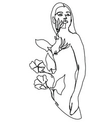 Continuous line Woman with flower. Abstract vector template in trendy minimalistic style for fashion, print, romantic collection, card, etc. One line drawing. Vector illustration.