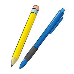 Simple yellow wooden pencil and blue plastic pen on a white background