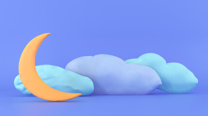 Obraz na płótnie Canvas Crescent moon with clouds - badtime card. Sweet dream plasticine background. Cute illustration in pastel colors. Minimal 3d art style. Empty space for advertising baby products 