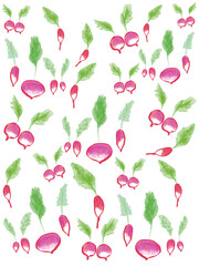 Digital illustration wallpaper of colorful radishes with stems and leaves