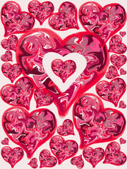 Decorative hearts made with swirls of liquid marble paper texture for Valentines Day