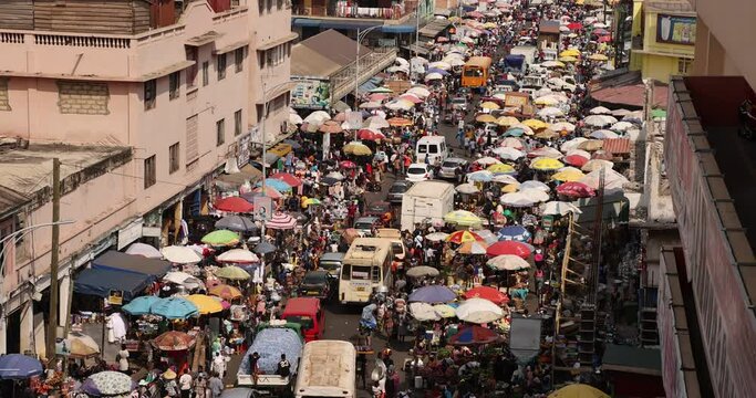 Accra Ghana overhead Makola Street market Africa. Historic downtown city center market. Retail and wholesale sales of produce, manufactured local and imported goods, food, clothes, tools, medicine.