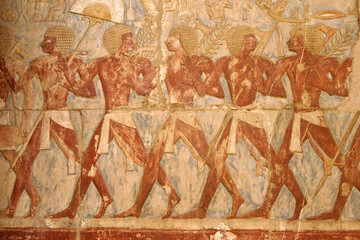 Painted relief on wall of Deir el Bahri, West Bank, Luxor, Egypt