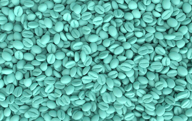 Green coffee beans 3d rendering background. Masses of coffee beans close up. Top view