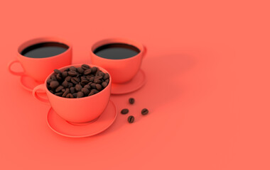 Cup of coffee and realistic coffee beans, 3d rendering background. Masses of coffee beans close up.