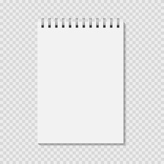Notepad mock up on transparent background. Blank pages, copybook with metal spiral template. Realistic closed notebook vector illustration.