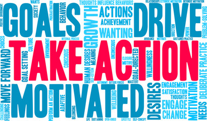 Take Action Word Cloud on a white background. 
