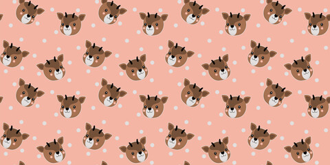 Seamless pattern of cute cartoon faces of okapi cheerful characters with rosy cheeks and white circles. Texture of children's heads of African artiodactyl jungle animals on a pink background. Vector.