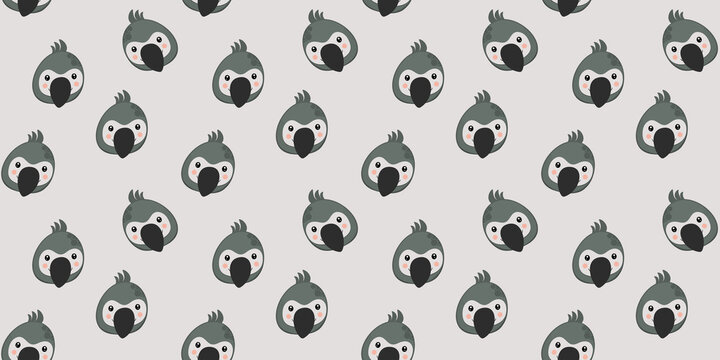 Cute seamless pattern of cartoon faces of characters gray parrots with the crests from above on a light gray background. African heads of birds for children's clothes, scrapbooking. Vector.