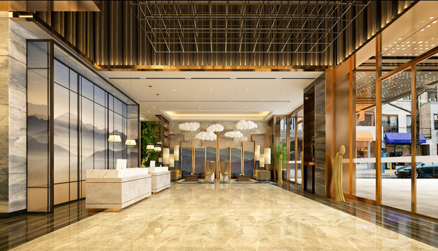 3d render of luxury hotel reception lobby