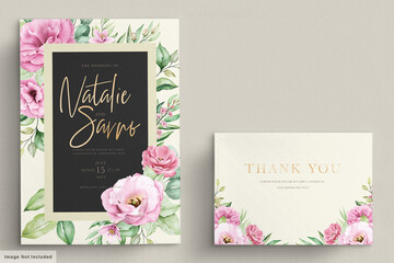 Floral wedding invitation template set with pink roses flowers and leaves