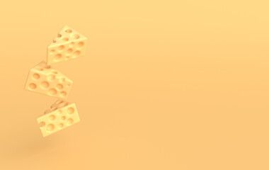 A piece of maasdam cheese on yellow background 3d rendering
