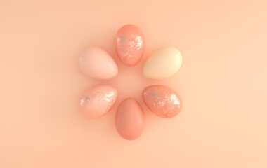 Pastel beige, pink and golden easter eggs on beige background. 3d render, digitally generated template. Happy Easter big hunt or sale banner