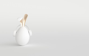 White Easter egg with rabbit ears on white background. Happy Easter big hunt or sale banner, mockup template. April holiday - Easter. Cute bunny egg with earphones 3d render