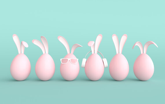 Pink Easter egg with rabbit ears on green background. Happy Easter big hunt or sale banner, mockup template. Religious April holiday - Easter. Cute bunny egg with sun glasses and earphones 3d render