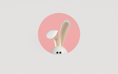 White ester bunny rabbit with golden ears on pink background. 3d render, digitally generated template. Happy Easter big hunt or sale banner