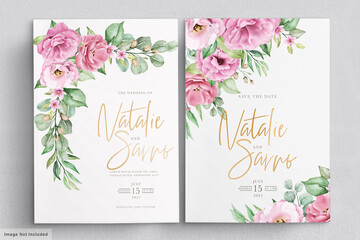 Floral wedding invitation template set with pink roses flowers and leaves