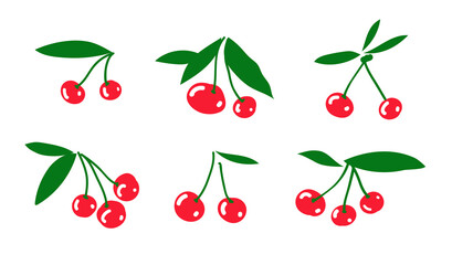 Vector illustration of ripe cherries. Berries and green leaves. Vector isolated.