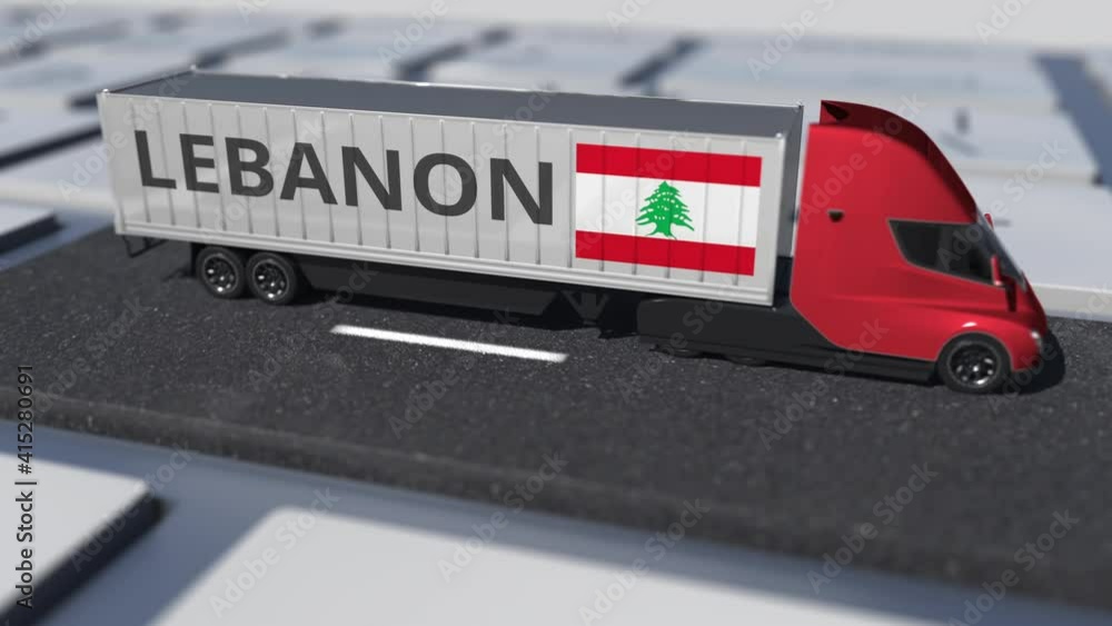 Poster truck with flag of lebanon moves on the keyboard key. export or import related looping 3d animation