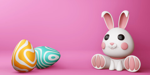 Happy easter day, cute bunny with colorful egg, 3d rendering.