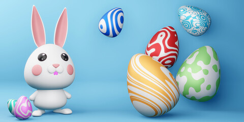 Happy easter day, cute bunny with colorful egg, 3d rendering.