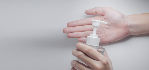 People use alcohol gel clean hand protect coronavirus covid19 white background