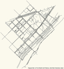 Black simple detailed street roads map on vintage beige background of the Diagonal Mar i el Front Marítim del Poblenou neighbourhood of the Sant Martí district of Barcelona, Spain