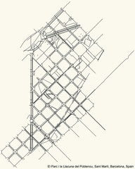 Black simple detailed street roads map on vintage beige background of the El Parc i la Llacuna del Poblenou neighbourhood of the Sant Martí district of Barcelona, Spain