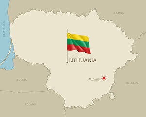 Lithuania editable map with territory borders, European country highly detailed political map with Vilnius capital city and waving national flag vector illustration