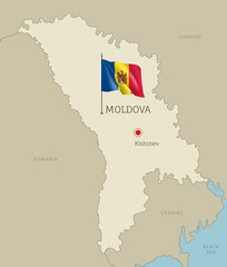 Detailed map of Moldova with territory borders, East European country administrative map with Kishinev capital city and waving national flag vector illustration