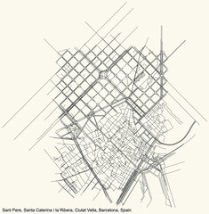Black simple detailed street roads map on vintage beige background of the Sant Pere, Santa Caterina i la Ribera neighbourhood of the Ciutat Vella district of Barcelona, Spain
