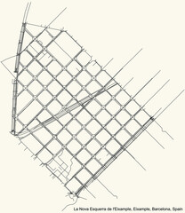 Black simple detailed street roads map on vintage beige background of the La Nova Esquerra de l'Eixample neighbourhood of the Eixample district of Barcelona, Spain