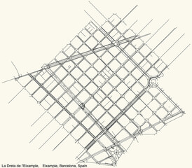 Black simple detailed street roads map on vintage beige background of the Dreta de l'Eixample neighbourhood of the Eixample district of Barcelona, Spain