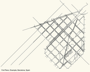 Black simple detailed street roads map on vintage beige background of the Fort Pienc neighbourhood of the Eixample district of Barcelona, Spain