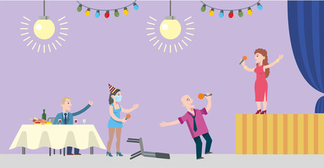 Group of happy business people wearing masks at a corporate party during the coronavirus. Positive men and women at the festive tables, dancing, singing karaoke. Flat infographics. Vector illustration