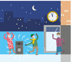 Masked people at a corporate party during the coronavirus. Positive men and women dance outdoors at night against the backdrop of the moon and the starry sky. Flat infographics. Vector illustration.
