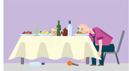 A drunk man at a corporate party fell asleep at a festive table. Salads, cocktail, alcohol on the festive table. A man sits on a chair, dropped the microphone. Flat infographics. Vector illustration..