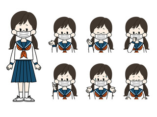 マスクをしている女子学生の表情セット