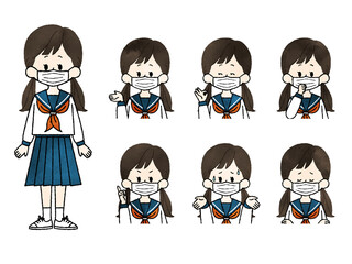 マスクをしている女子学生の表情セット-水彩