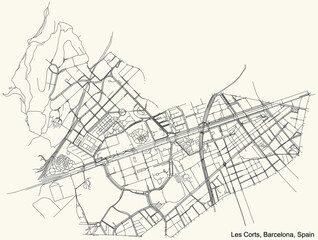 Black simple detailed street roads map on vintage beige background of the quarter Les Corts district of Barcelona, Spain