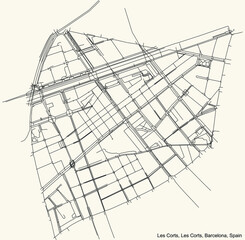 Black simple detailed street roads map on vintage beige background of the Les Corts neighbourhood of the Les Corts district of Barcelona, Spain