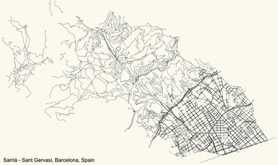 Black simple detailed street roads map on vintage beige background of the quarter Sarrià-Sant Gervasi district of Barcelona, Spain