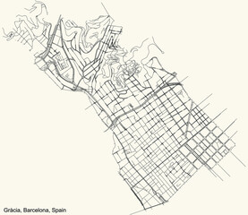 Black simple detailed street roads map on vintage beige background of the quarter Gràcia district of Barcelona, Spain