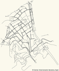 Black simple detailed street roads map on vintage beige background of the El Carmel neighbourhood of the Horta-Guinardó district of Barcelona, Spain