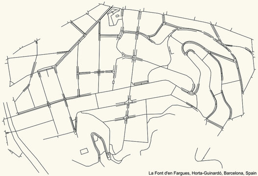 Black simple detailed street roads map on vintage beige background of the La Font d'en Fargues neighbourhood of the Horta-Guinardó district of Barcelona, Spain